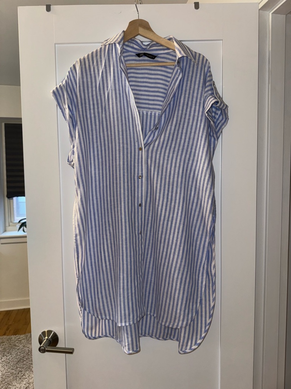 Zara Blue and White Striped Button-Down Shirt Dress